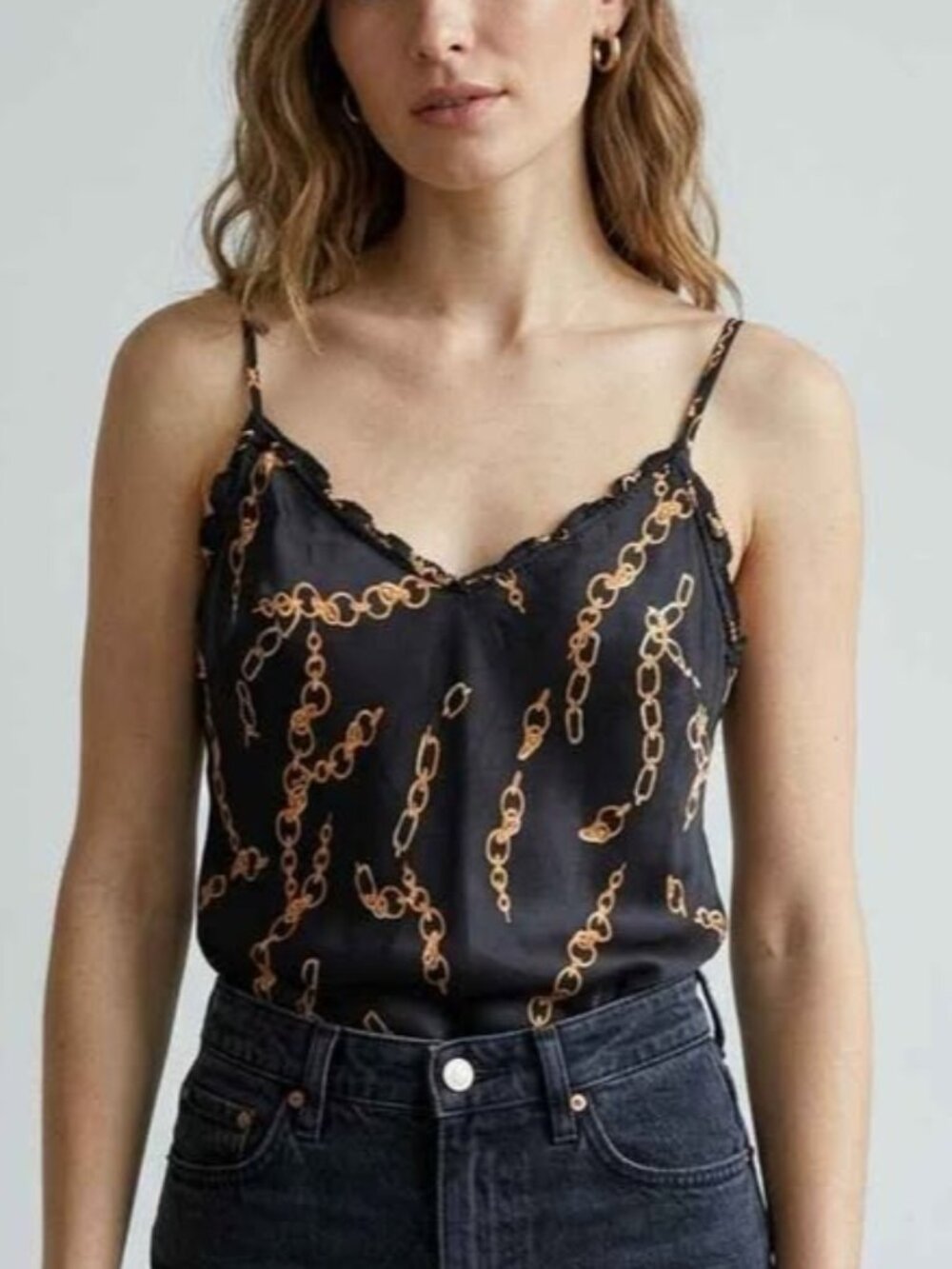 Wilfred Aritzia 100% Silk Black Gold Chain Print Satin Cami Top V-neck, XS